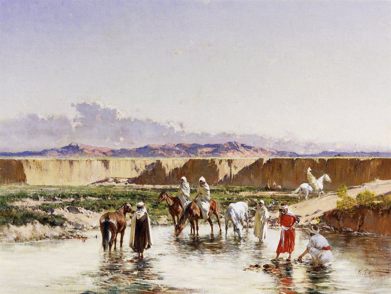 Arabiske ryttere som vanner i en oase, av Victor Pierre Huguet