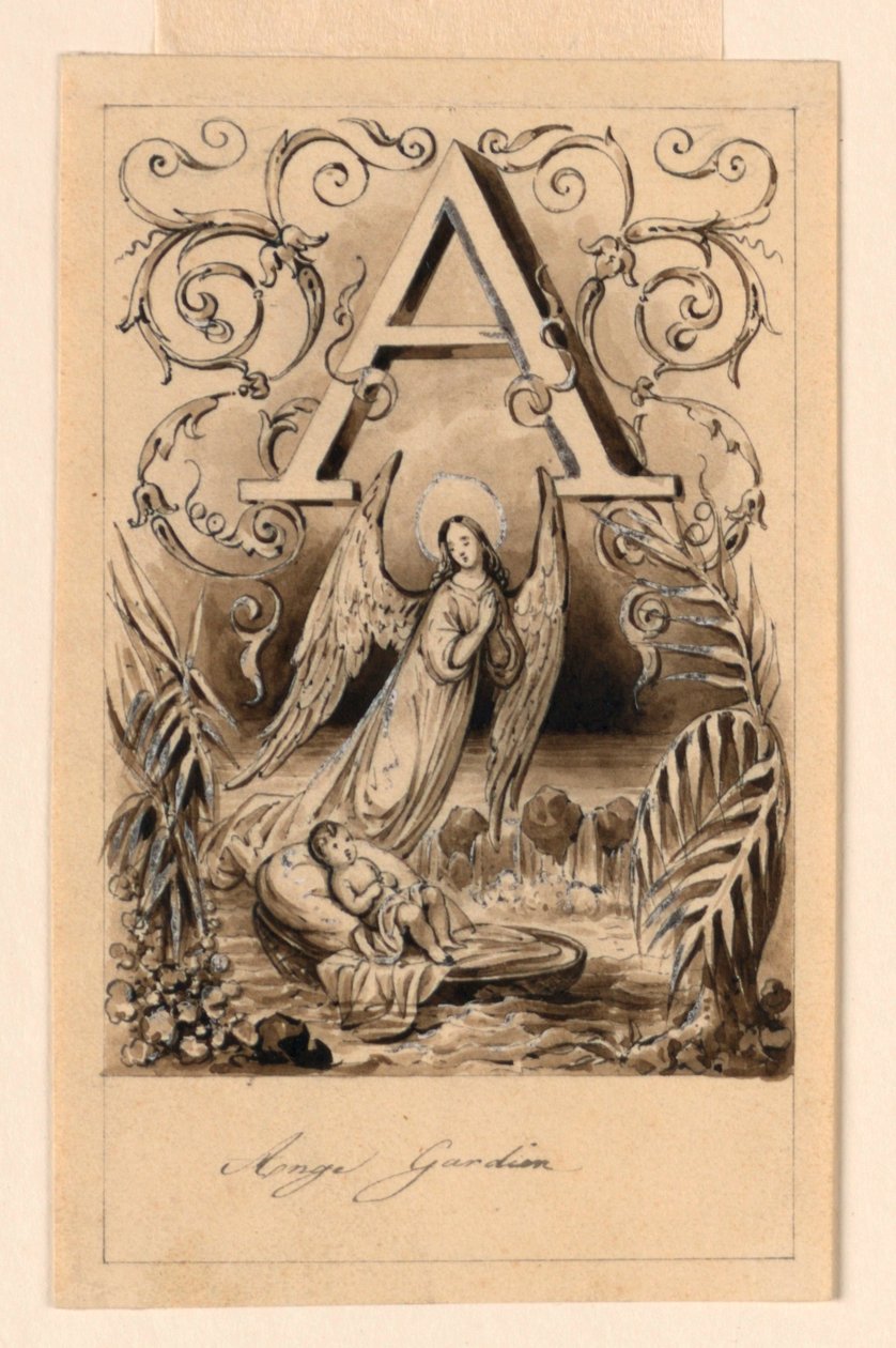 Design for bokstaven A i en grunning: Ange Gardien (Guardian Angel) av Victor Vincent Adam