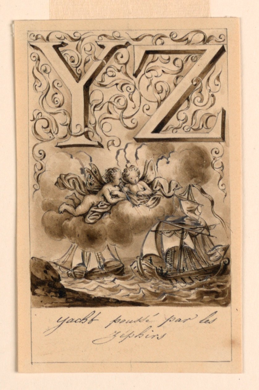 Design for bokstavene Y og Z i en primer: Yacht/Zéphir (Yachts drevet av Zephyrs) av Victor Vincent Adam