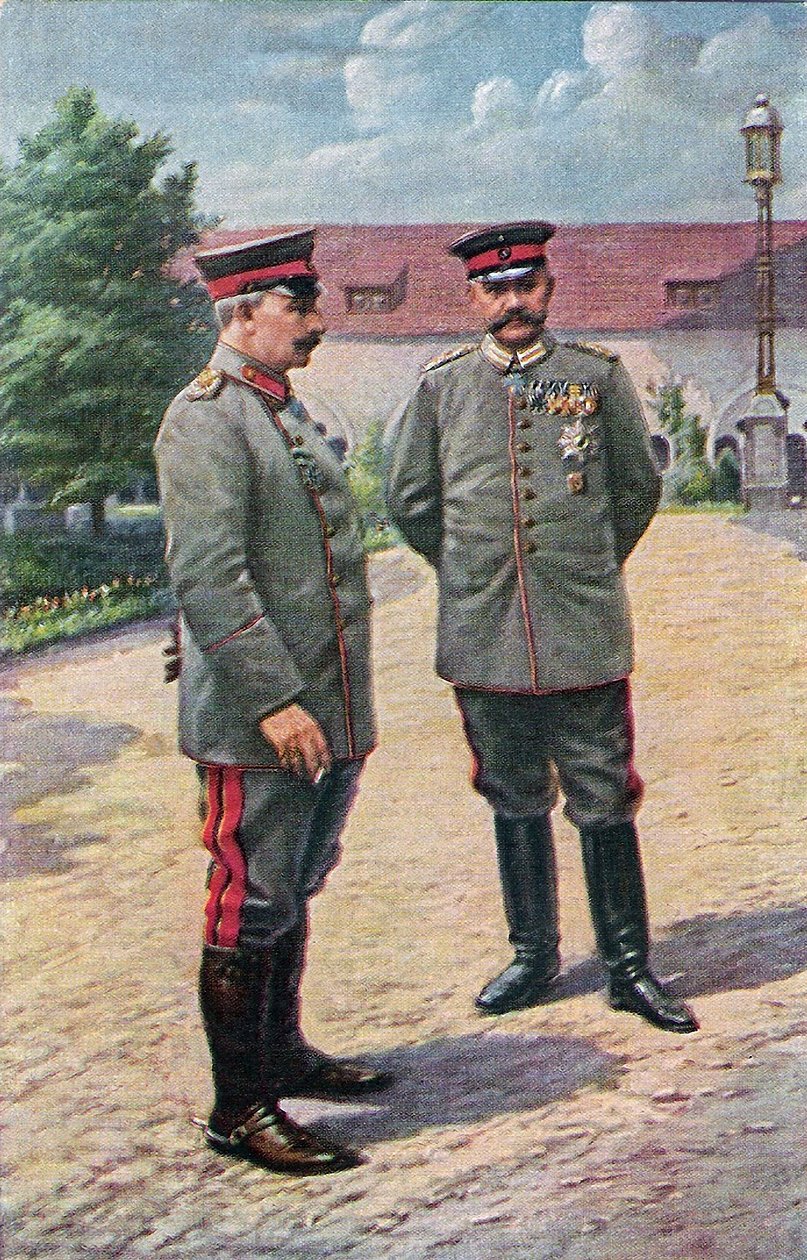Kaiser Wilhelm II og feltmarskalk von Hindenburg poserer foran slottet i Posen, 1915 av Victoria Augusta von Schleswig Holstein