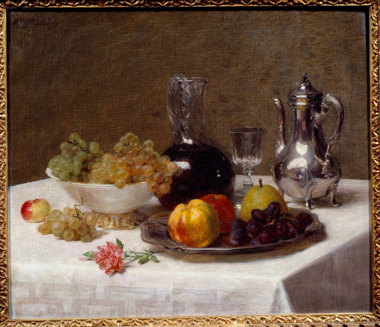 Bordhjørne Stilleben av frukt (druer, kvede og pære), sølvtøy og vinmugge. Maleri av Victoria Dubourg (1840-1926) 20. århundre Sun. 0,52x0,63 m Grenoble, Musee des Beaux Arts av Victoria Dubourg