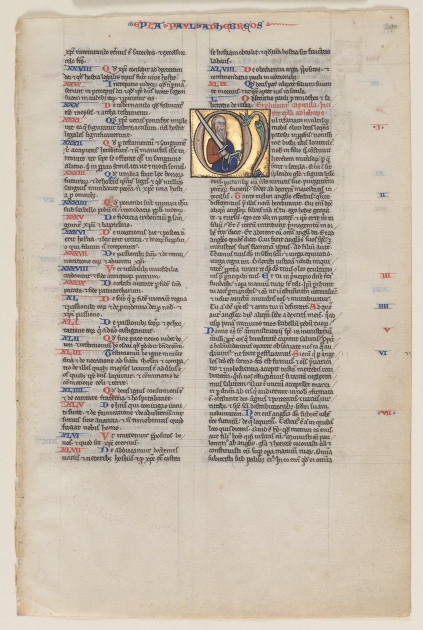 Blad med initial fra en latinsk bibel: Initial M: St. Paul med et sverd og en bok av Vienna Moralized Bible Workshop