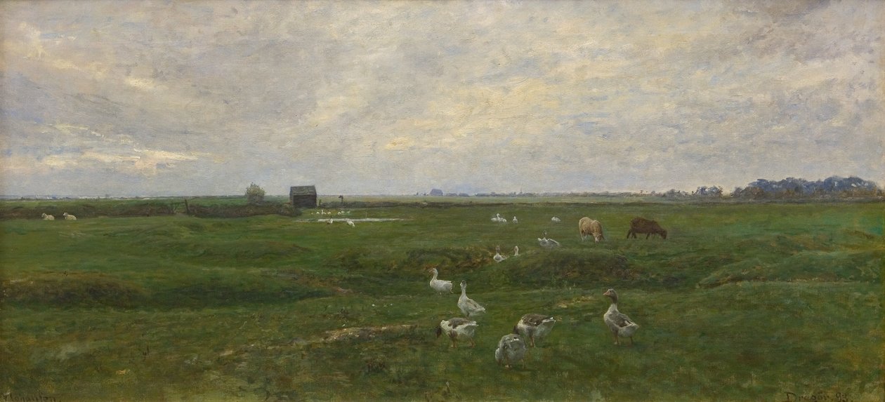 Gjess ved en innsjø. En storm er på vei. Dragør, øya Amager av Viggo Johansen