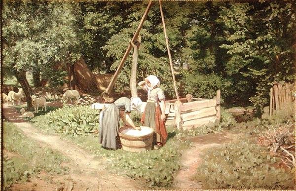 Young Girls at the Well (olje på lerret) av Viggo Pedersen