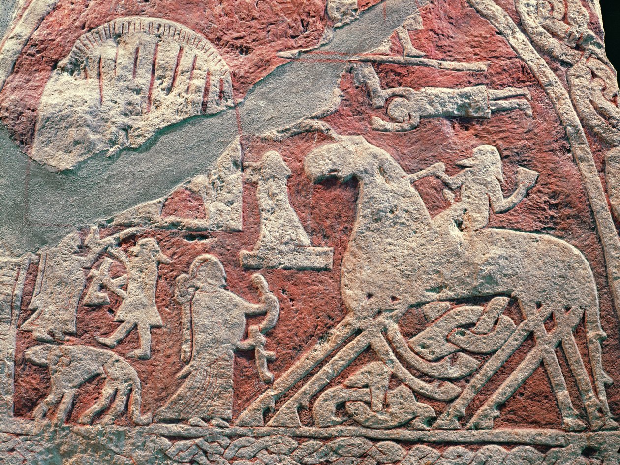 Detalj av figurer som illustrerer en saga, fra Isle of Gotland-steinen av Viking