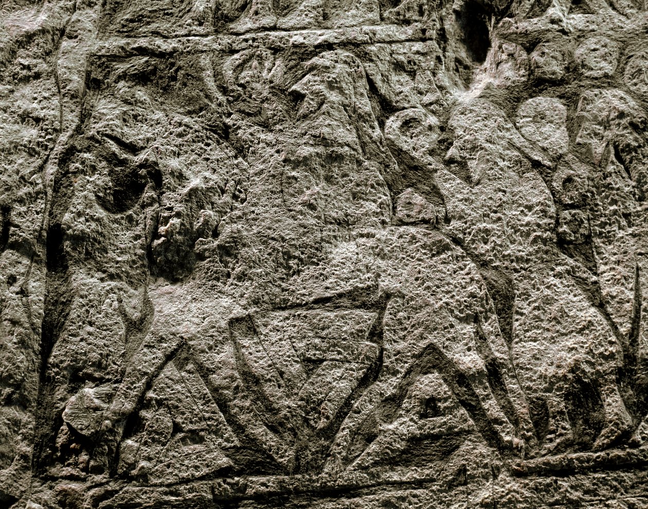De døde som rir på Odins hest, detalj av en vikingbegravelsesstein, 7.-8. århundre e.Kr. av Viking