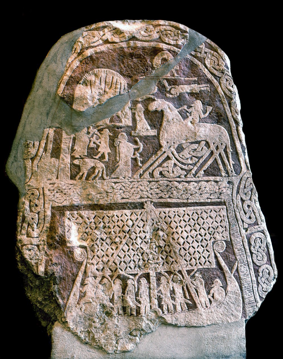 Runestein som viser Wotan (Odin) på sin åttebeinte hest Sleipnir, ombord på et vikinglangskip (stein) av Viking Viking