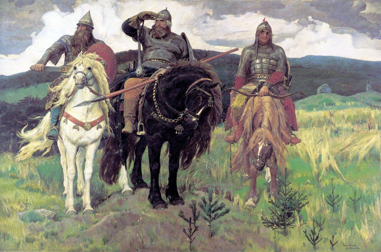 Engelsk: De tre Bogatyri Francais: Les Bogatyrs av Viktor Mikhaylovich Vasnetsov