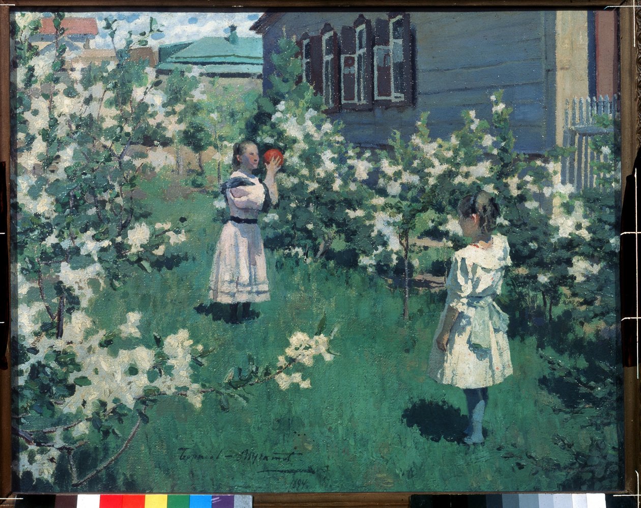 ""Fleurs de mai"" (kan blomster) Små jenter spiller ball i en blomsterhage om våren. Maleri av Viktor Elpidiforovich Borisov-Musatov (1870-1905) 1894 State Tretyakov Gallery, Moskva av Viktor Elpidiforovich Borisov Musatov