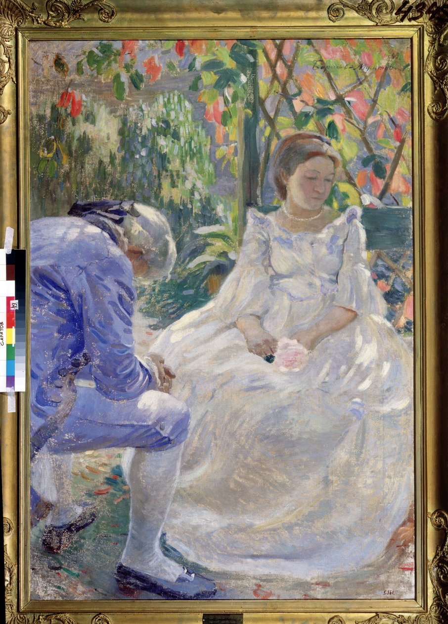 ""Høstens melodi"" (En høstmelodi). Galant scene mellom en mann og en kvinne som holder en blomst i hånden. De er kledd i 1700-tallsmote og virker triste (brudd?). Maleri av Viktor (Victor) Elpidiforovich Borisov av Viktor Elpidiforovich Borisov Musatov
