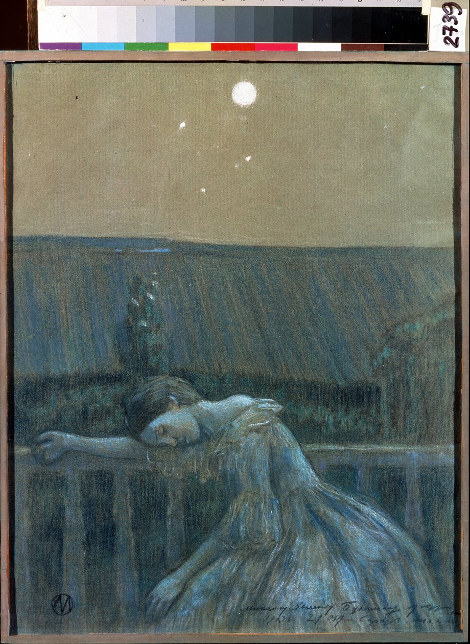 ""The Sorrow"" (Sorrow) En desperat ung jente som lener seg mot et rekkverk. Akvarell og pastell av Viktor (Victor) Elpidiforovich Borisov-Musatov (Borisov Musatov) (1870-1905) (symbolikk) 1903 Statens museum for historie og kunst Serpukhov (Serpukhov). av Viktor Elpidiforovich Borisov-Musatov