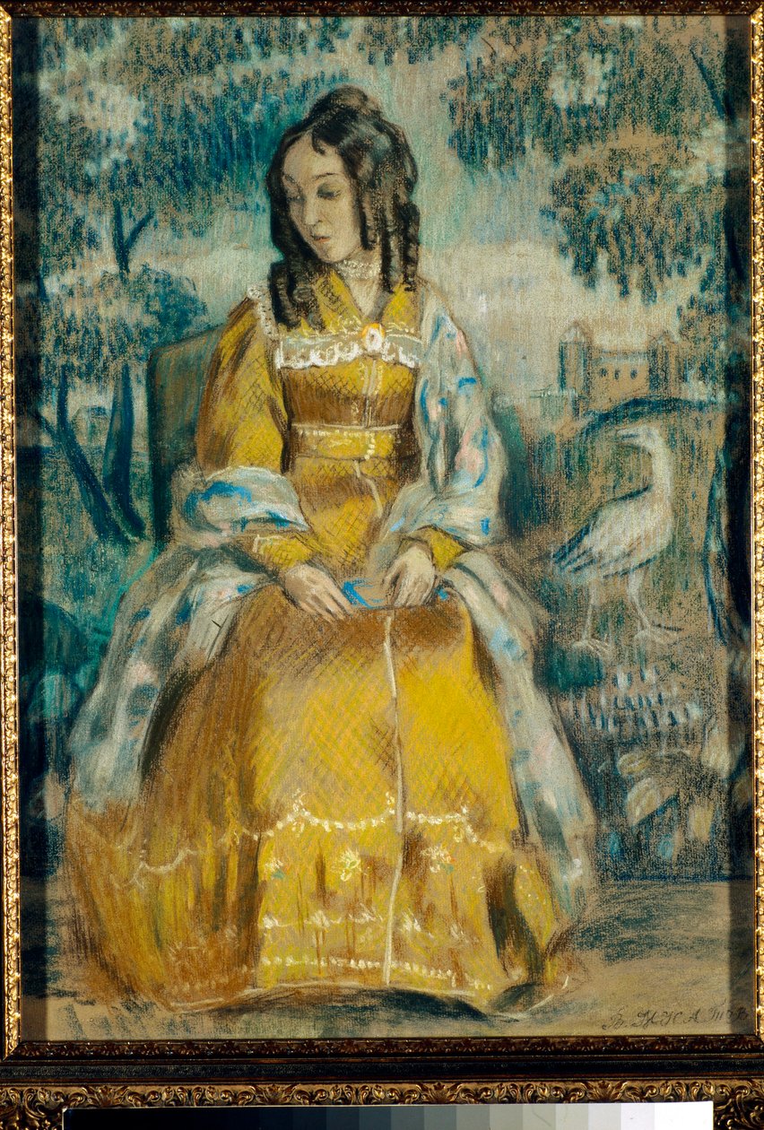 Portrett av Nadezhda Stanyukovich foran et billedvev, ettertenksom, iført krinolinkjole - Tegning av Viktor (Victor) Elpidiforovich Borisov-Musatov (Borisov Musatov) (1870-1905) av Viktor Elpidiforovich Borisov Musatov