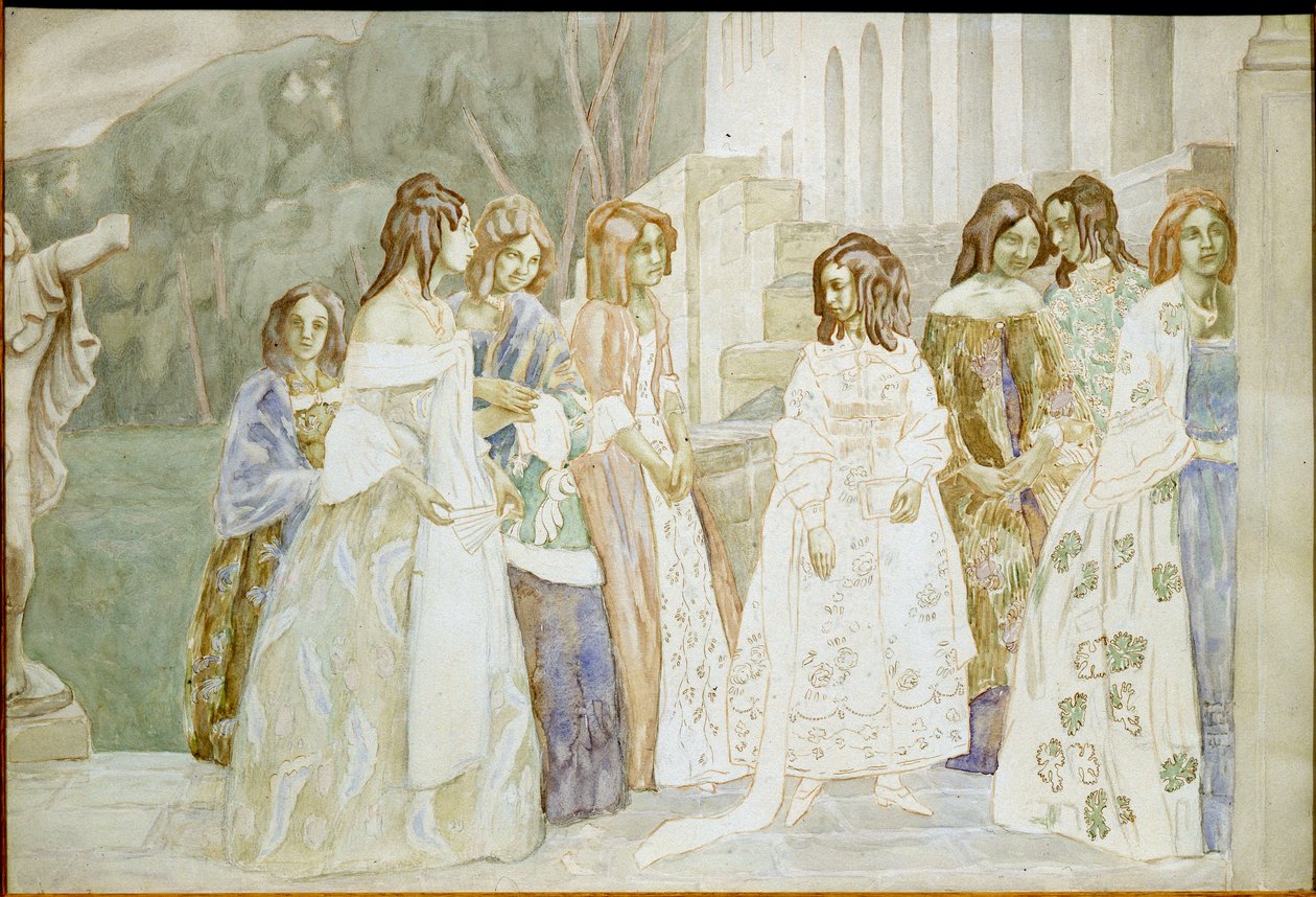 Requiem: unge kvinner i krinolinkjoler som prater i en hage - Verk av Viktor (Victor) Elpidiforovich Borisov-Musatov (Borisov Musatov) (1870-1905) av Viktor Elpidiforovich Borisov Musatov