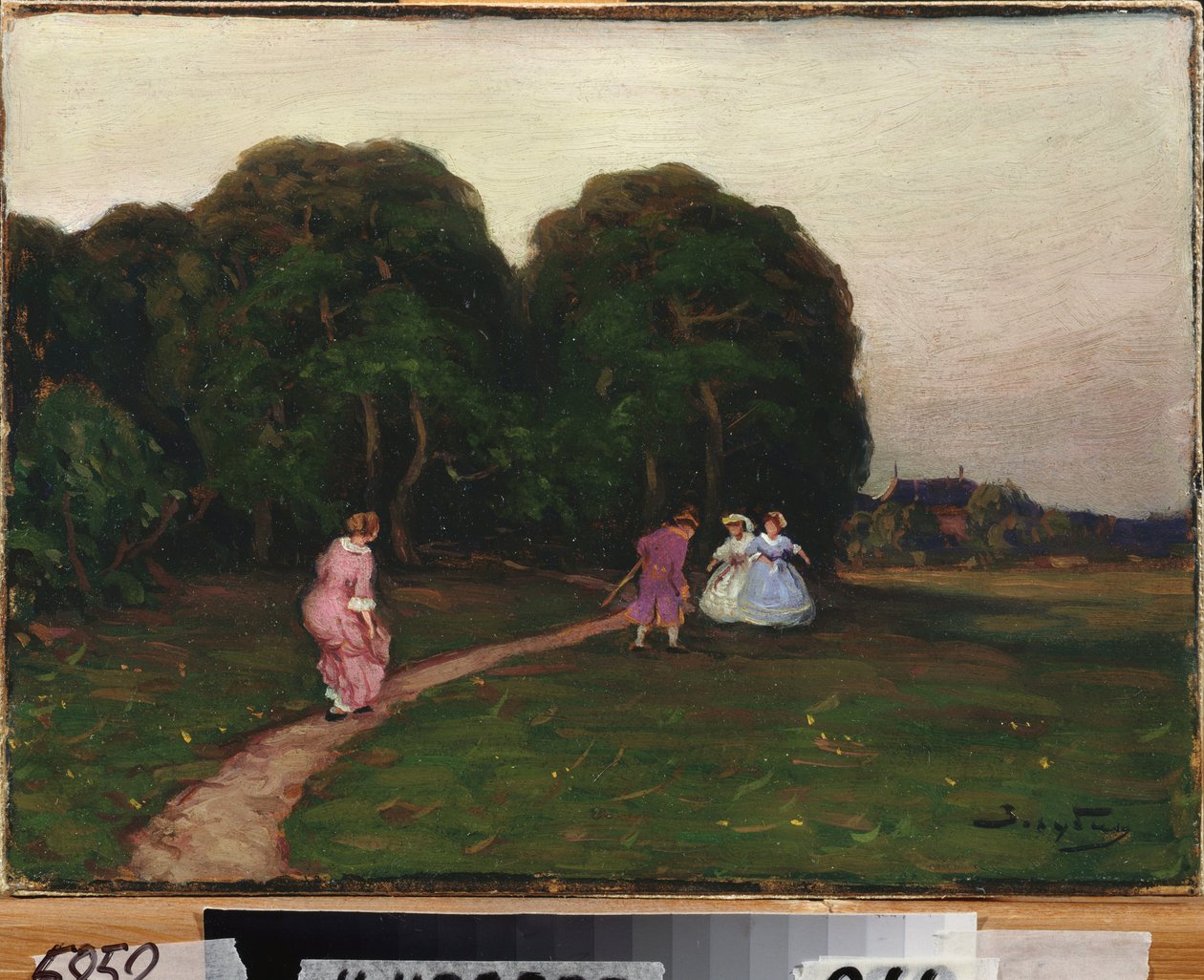 I hagen. Maleri av Viktor Ivanovich Zarubin (Victor Zaroubine eller Zaroubin) (1866-1928), olje på lerret. russisk kunst av Viktor Ivanovich Zarubin