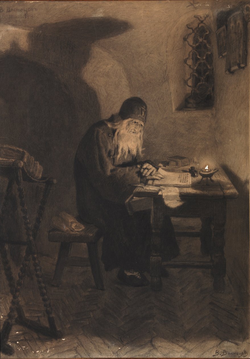 Pimen. Illustrasjon til dramaet Boris Godunov av A. Pushkin av Viktor Mikhaylovich Vasnetsov