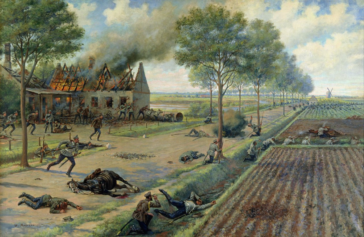 Det russiske kavaleriet kjempet mot tyskerne i en landsby i 1915, ca. 1915-16 (olje på lerret) av Viktor Viketyevich Masurovsky