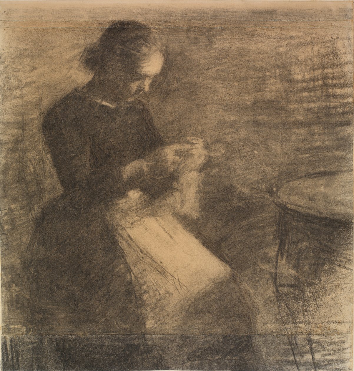 Portrett av Ida Hammershøi med håndarbeid av Vilhelm Hammershøi