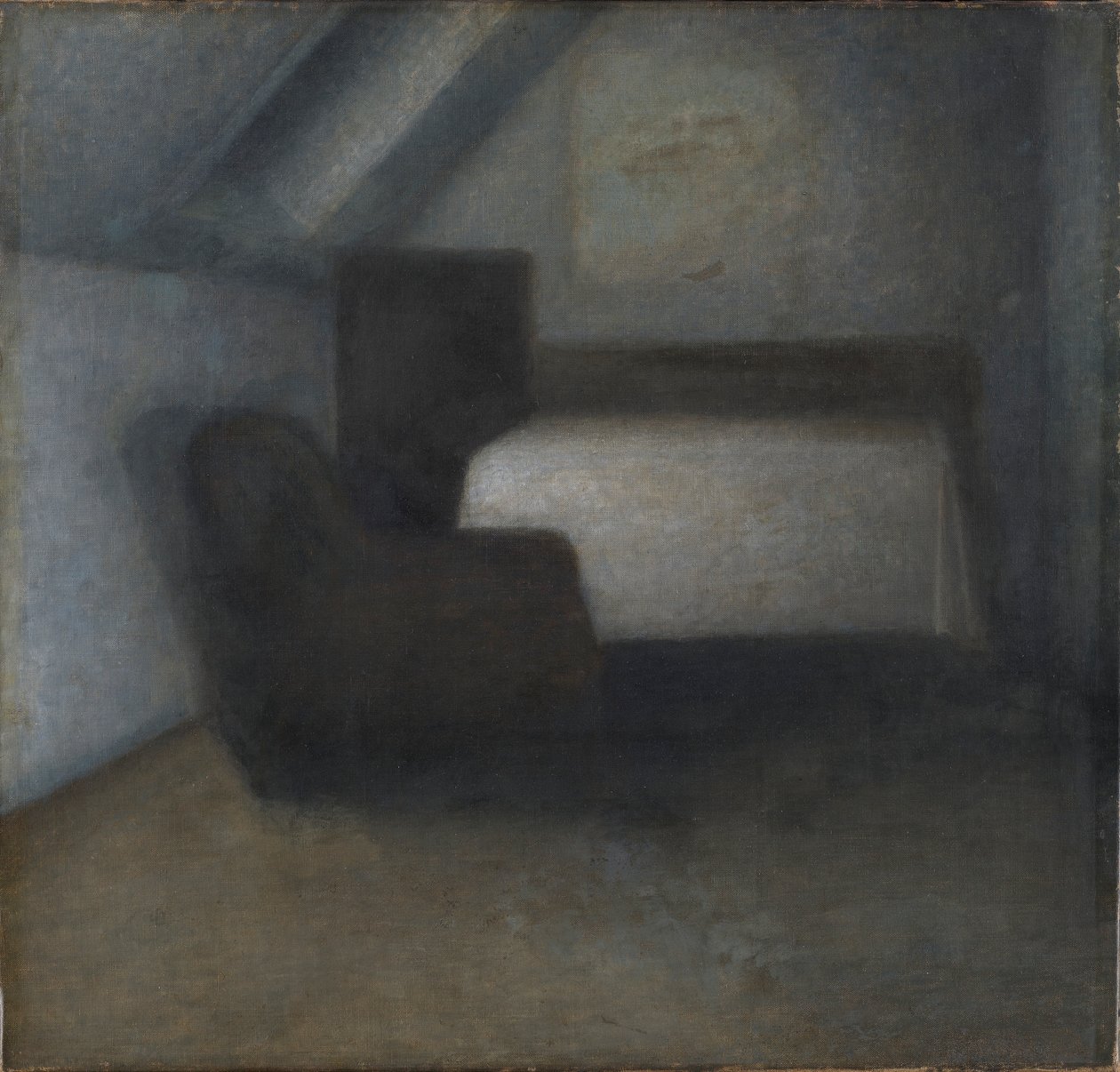 Loftsrom med et bord og en stol av Vilhelm Hammershøi