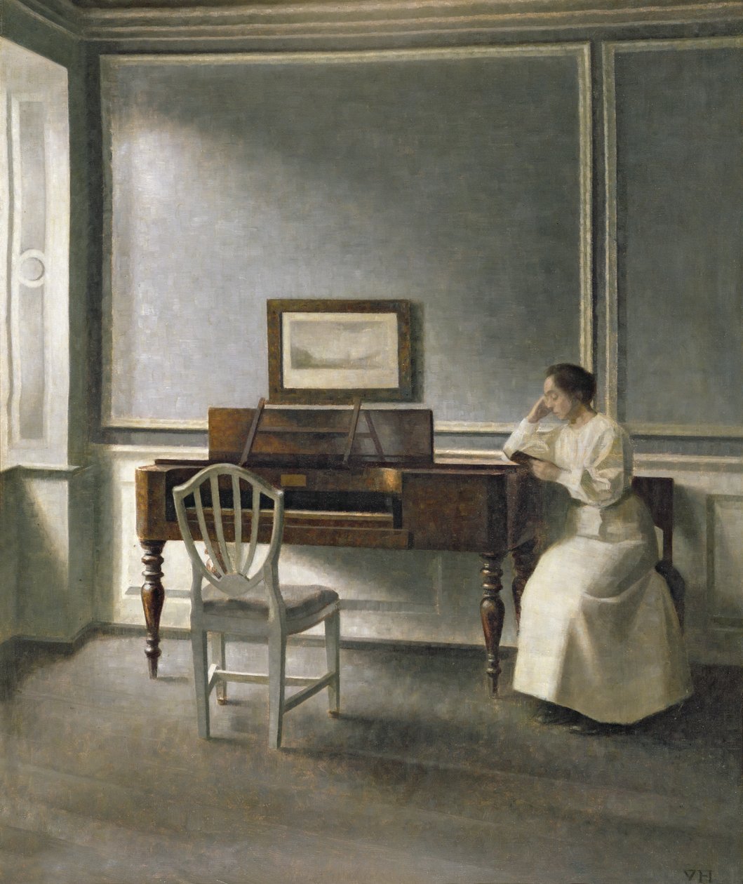 Kvinne leser av et piano, 1907 av Vilhelm Hammershoi