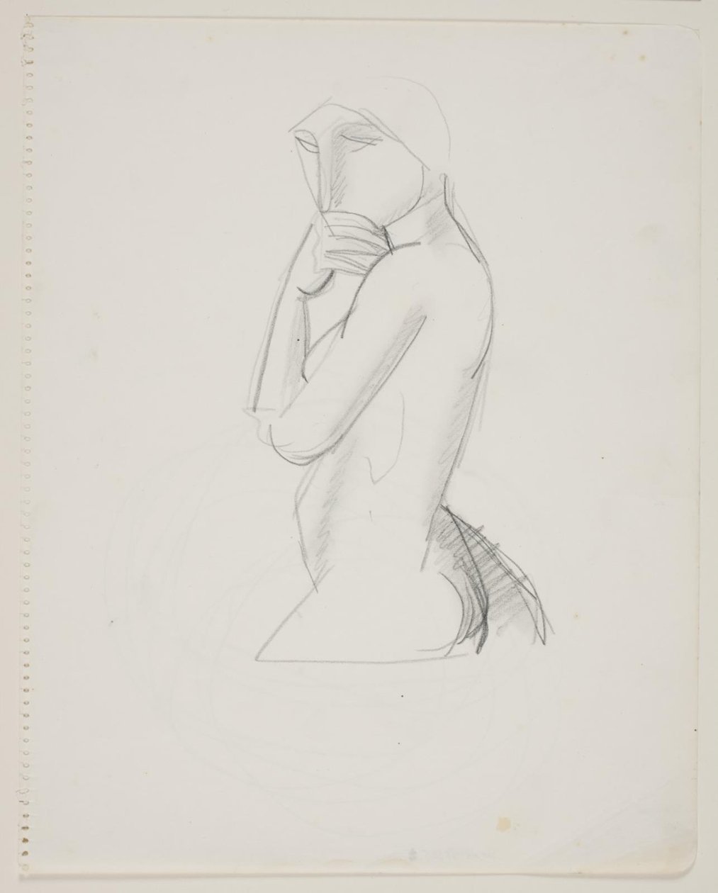 Kvinnemodell, 3/4 figur, med hånd over munn av Vilhelm Lundstrøm
