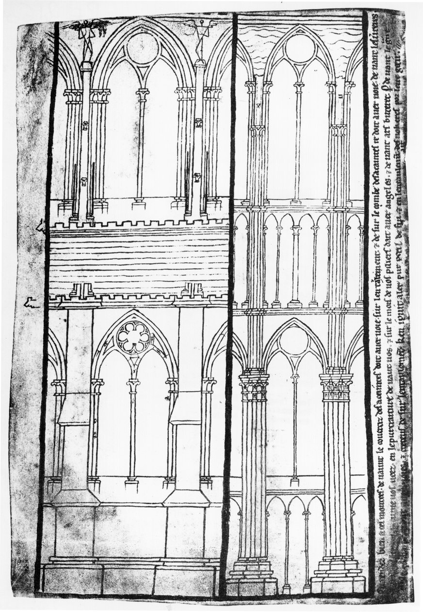 Faksimilekopi av Fr 19093 fol.31v Eksteriør og innvendig forhøyning av sideveggene til Reims katedral av Villard de Honnecourt