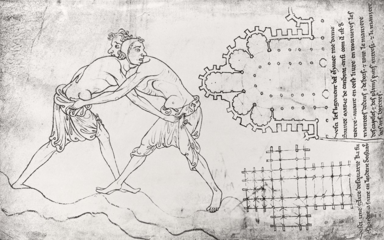 Ms.Fr.19093 fol.14v To brytere, plan av en cistercienserkirke og plan for koret til Notre-Dame de Cambrai (faksimilekopi) av Villard de Honnecourt