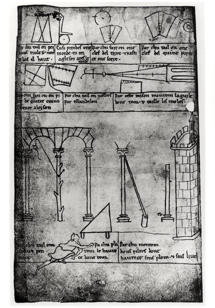Ms.Fr.19093 fol.20v Geometriske figurer for konstruksjon, buer og mennesker som måler høyden på et tårn (faksimilekopi) av Villard de Honnecourt