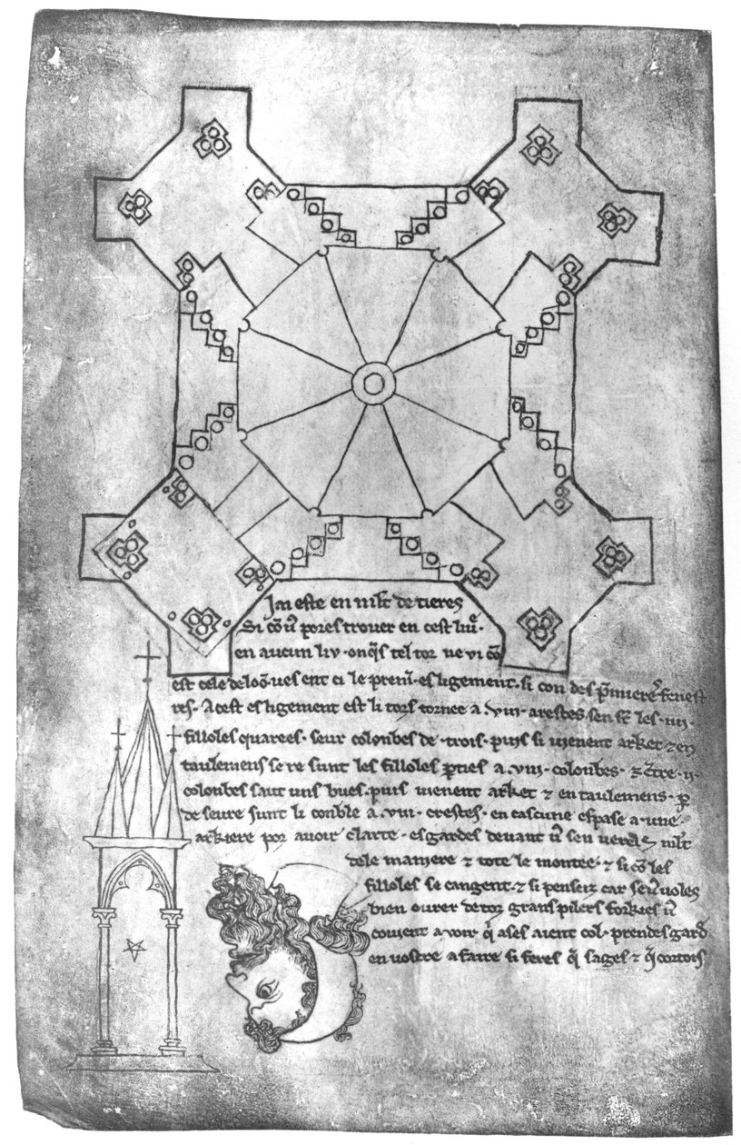 Ms 19093 fol.9v Faksimilekopi av en plan av tårnet til katedralen i Laon, hodet til en skjeggete mann og et gotisk vindu av Villard de Honnecourt