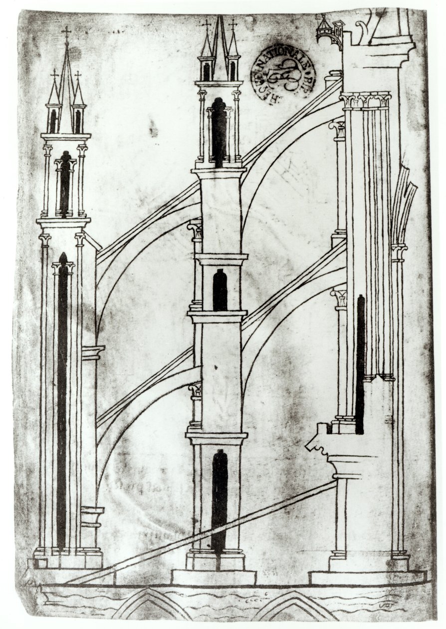 Fr 19093 f.32v Utsnitt av veggen og buen til absidialkapellene i Reims katedral (faksimilekopi) av Villard de Honnecourt