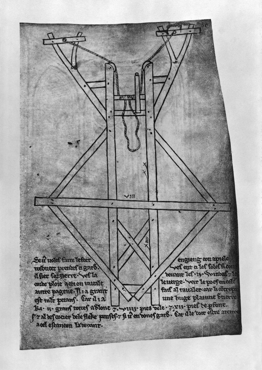 Trebuchet, maskin for å kaste piler og spyd (faksimilekopi) av Villard de Honnecourt