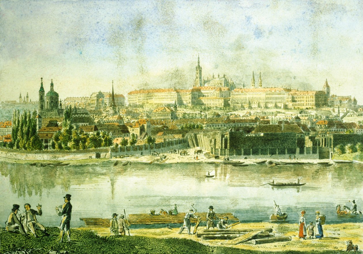 Praha slott og en del av det lille kvarteret, 1825 (farget etsning) av Vincenc Morstadt
