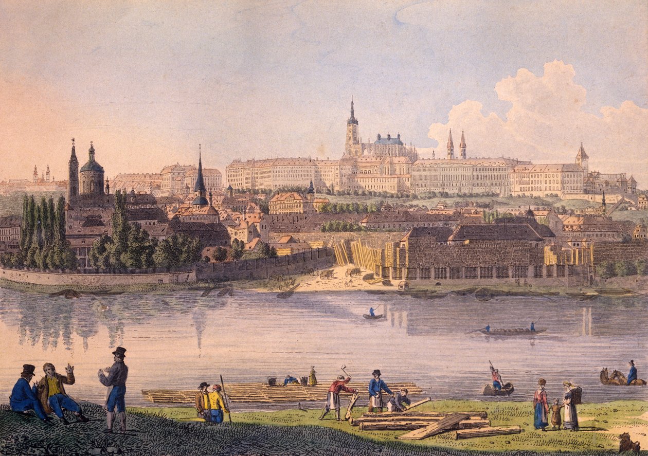 Praha slott og en del av det lille kvarteret (farget etsning) av Vincenc Morstadt