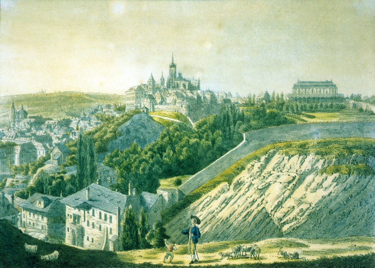 Utsikt over Praha slott fra øst, 1825 (radering med akvatint) av Vincenc Morstadt