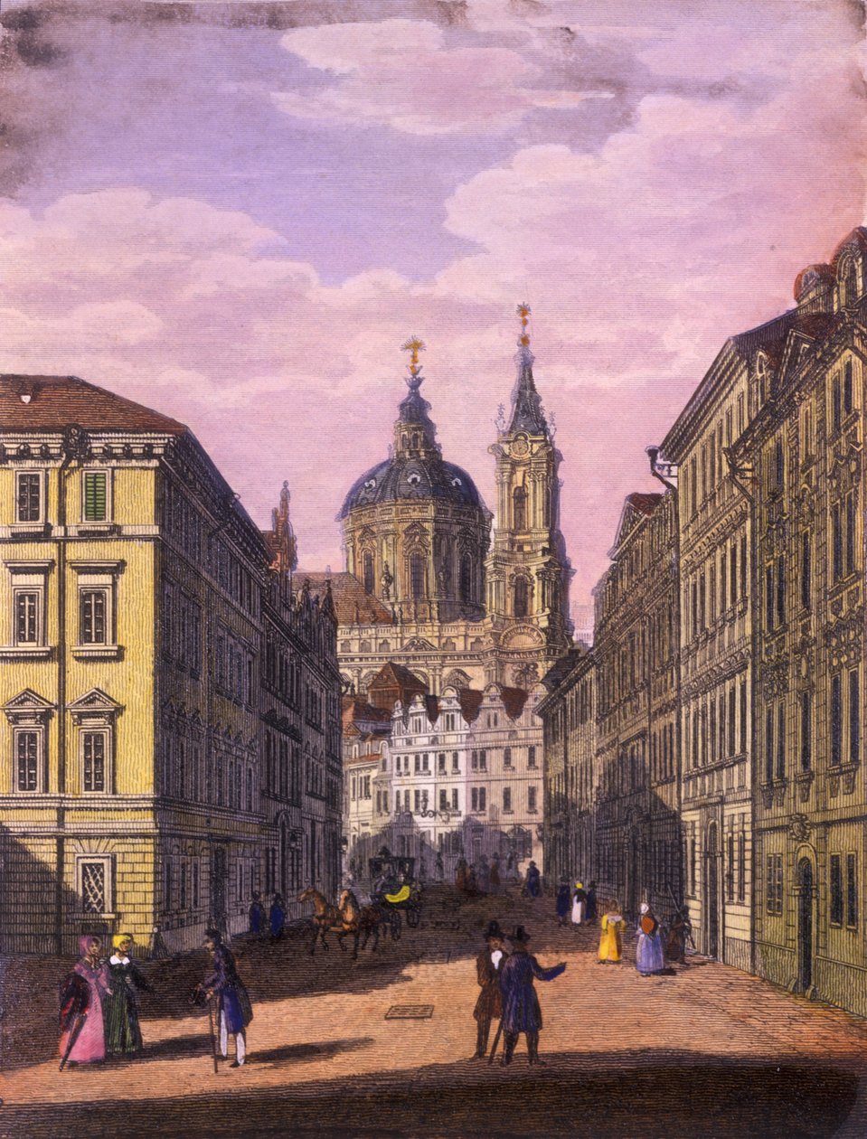 St. Nicholas kirke i det lille kvarteret, Praha, 1847 (farget stålgravering) av Vincenc and Geissler, F. Morstadt