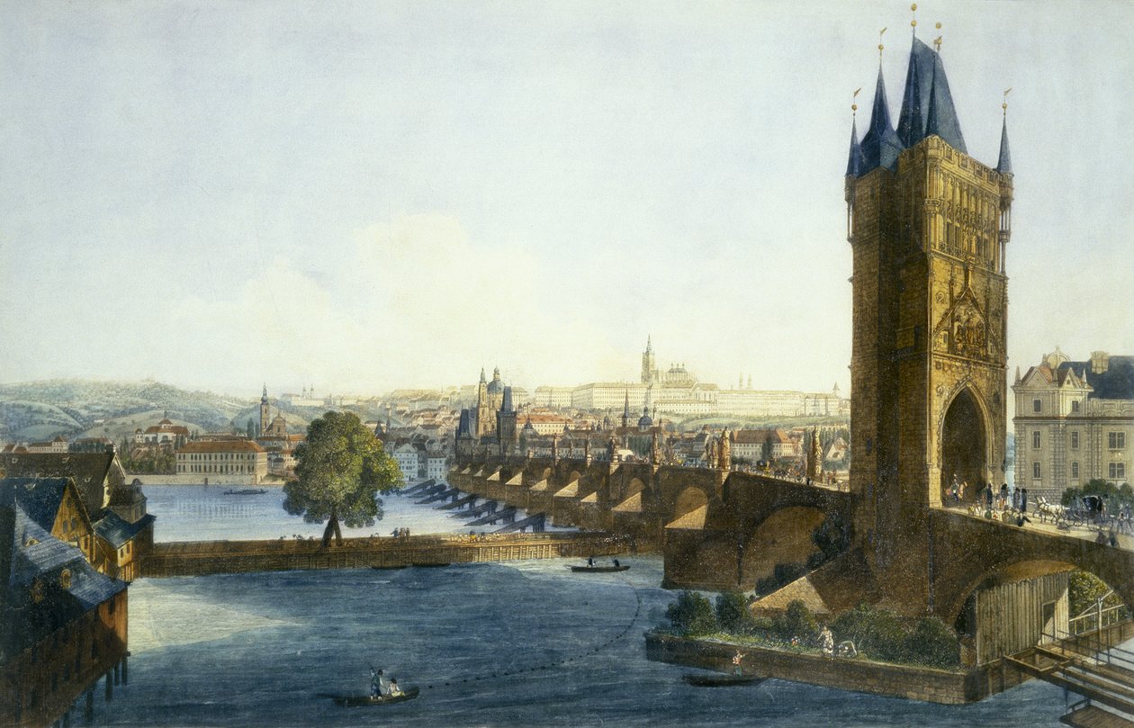 Utsikt over Praha slott og det lille kvarteret fra sørvest, 1836 (farget akvatint) av Vincenc and Richter, Carl August Morstadt