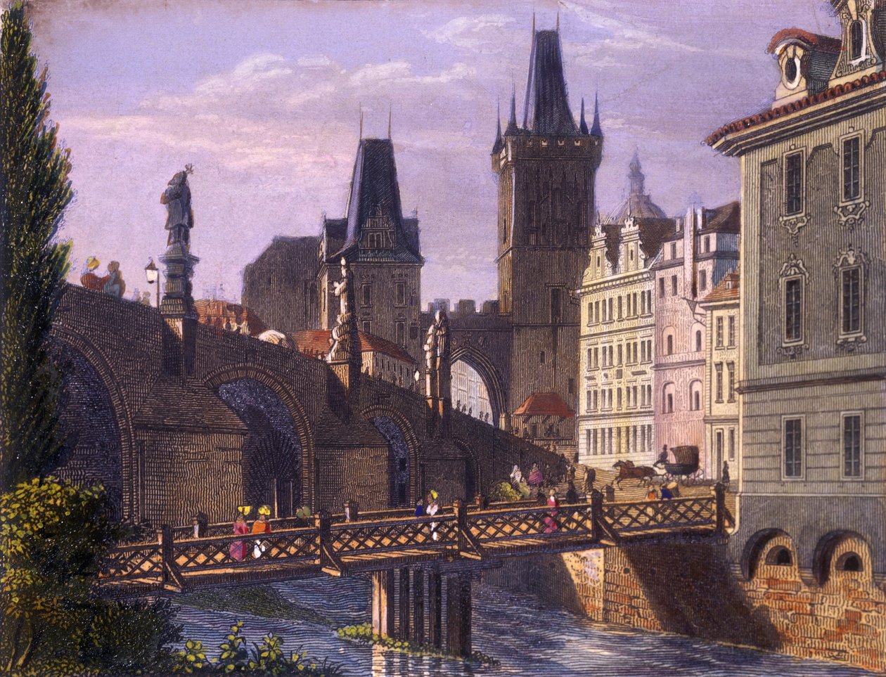 Little Quarter Bridge Towers, 1847 (farget stålgravering) av Vincenc Morstadt