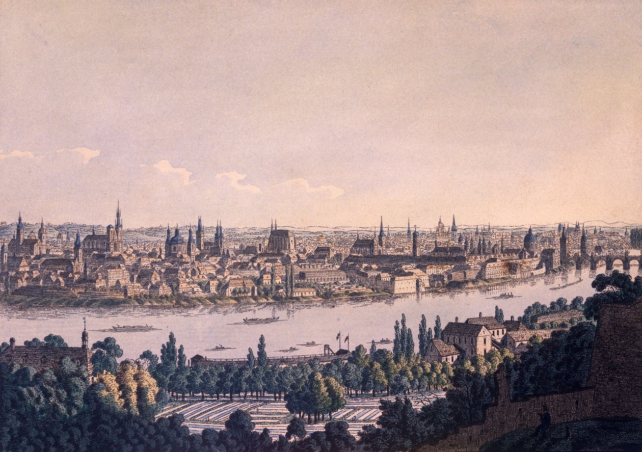 Gamle og nye byer i Praha (farget etsning) av Vincenc Morstadt