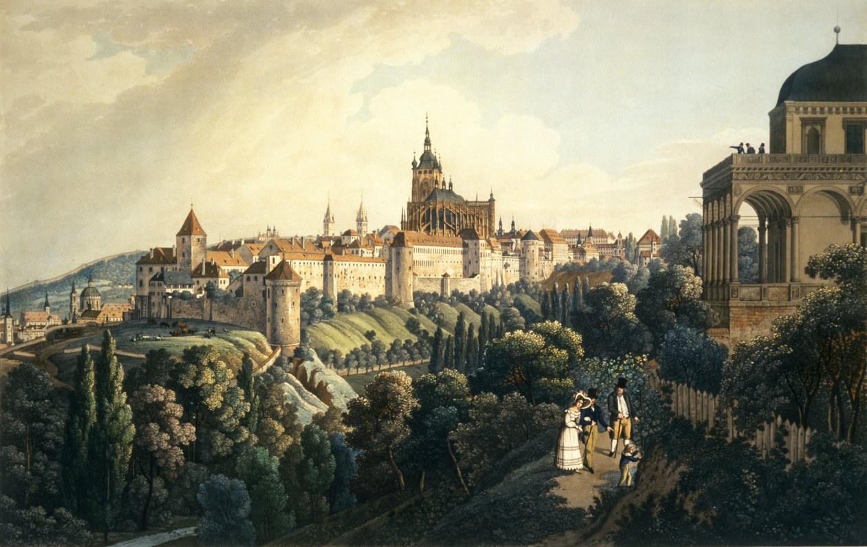 Praha slott og det kongelige sommerhuset, 1836 (radering med akvatint) av Vincenc Morstadt