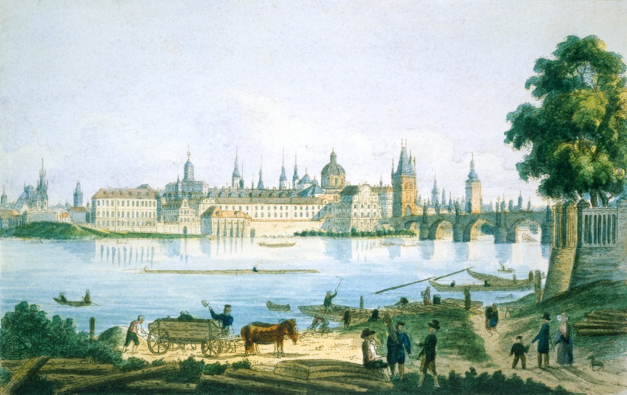 Utsikt over Praha fra det lille kvarteret, 1830 (farget etsning) av Vincenc Morstadt