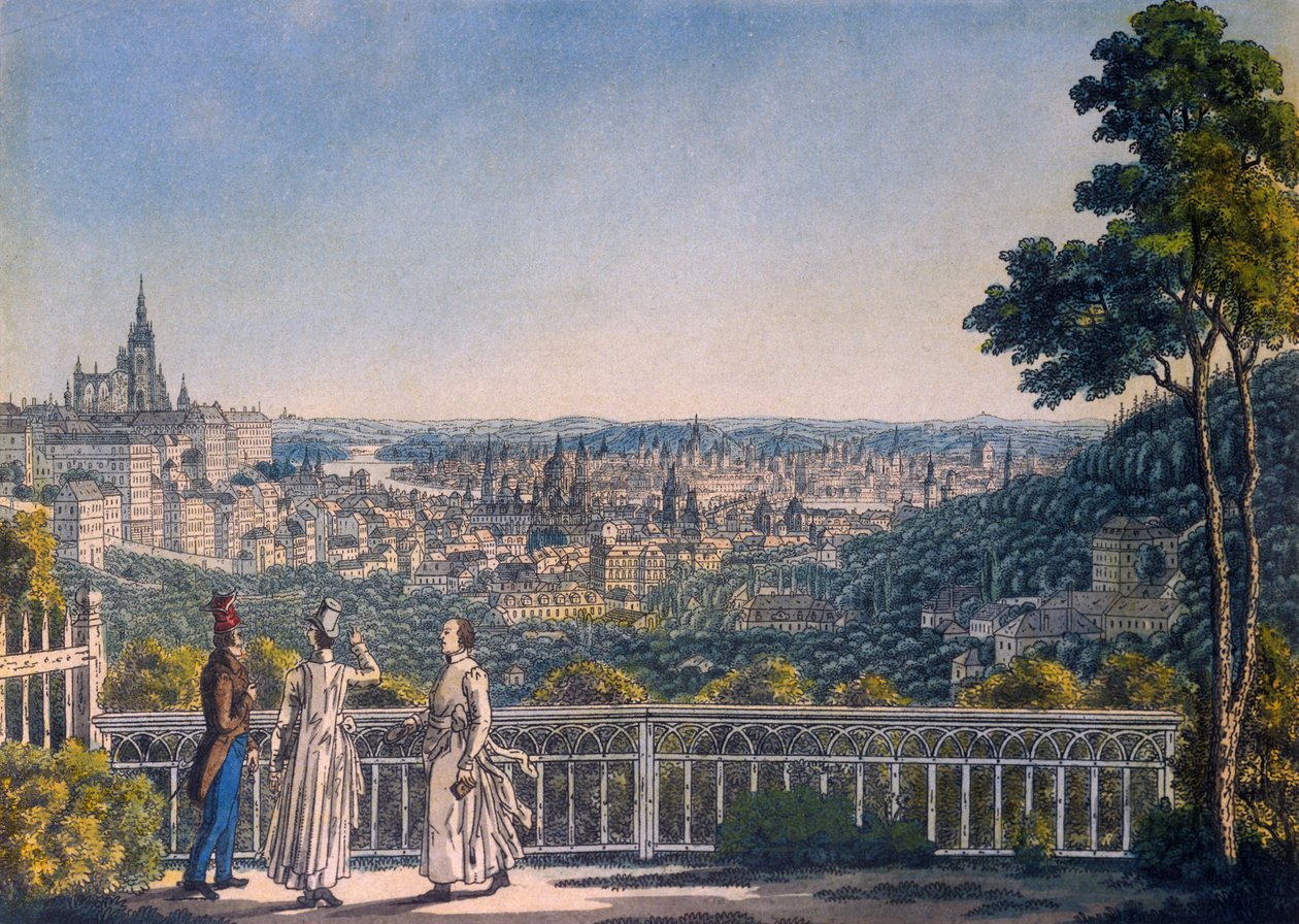 Utsikt over Praha fra hagen til Strahov-klosteret, 1835 (farget etsning) av Vincenc Morstadt