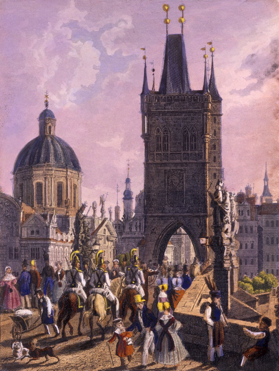 Utsikt over Old Town Bridge Tower fra Karlsbroen, 1847 (farget stålgravering) av Vincenc Morstadt