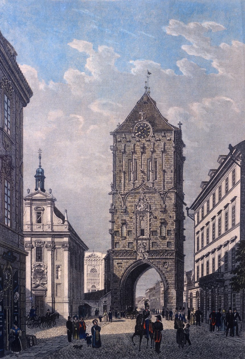 Utsikt over Kruttårnet fra Vesten, gravert av V. Merklas, 1835 (farget stålstikk) av Vincenc Morstadt