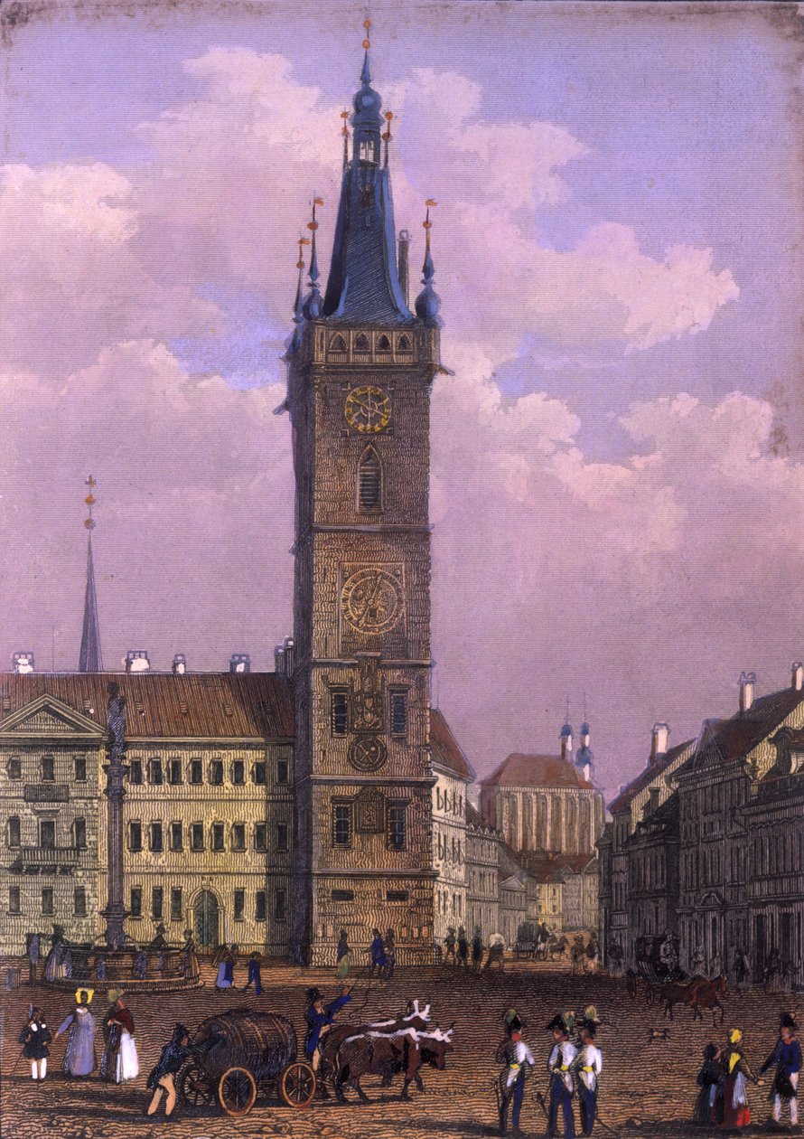 Nytt rådhus, Praha, 1847 (farget stålgravering) av Vincenc Morstadt