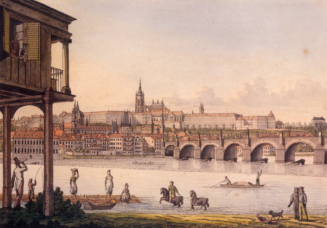 Utsikt over det lille kvarteret og Praha slott Hradcany fra Papoueks bad, 1825 (farget etsning) av Vincenc Morstadt
