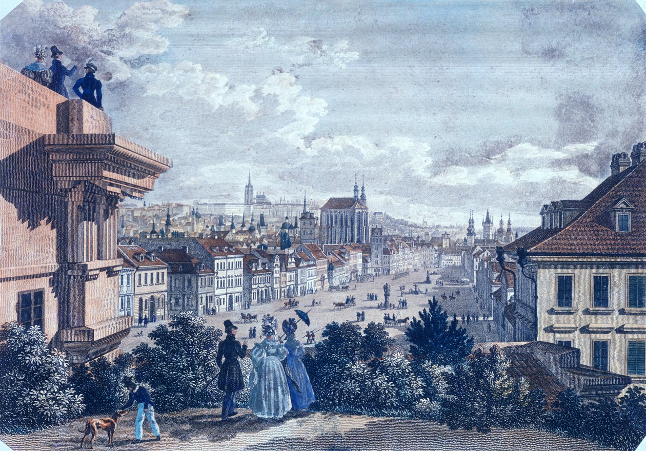 Hestemarked på Václavplassen, Praha, 1835 (farget stålgravering) av Vincenc and Geissler, F. Morstadt