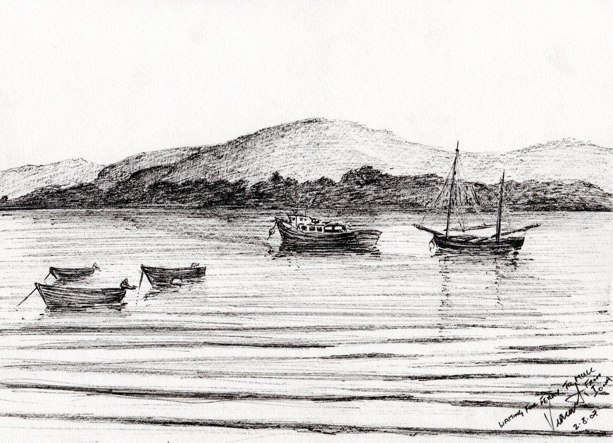 Båter utenfor Iona, 2007, (blekk på papir) av Vincent Alexander Booth
