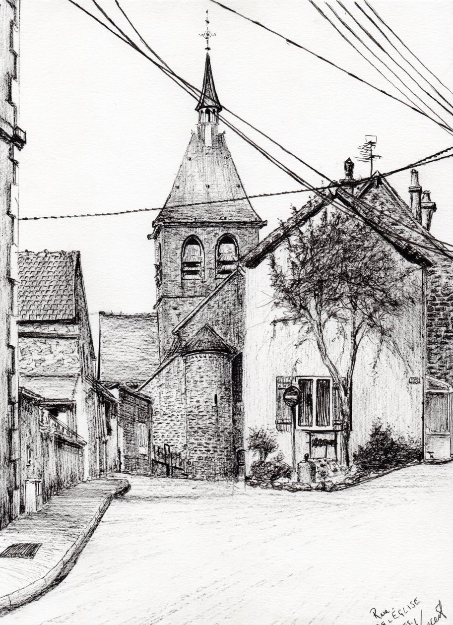 Kirke i Laignes Frankrike, 2007, (blekk på papir) av Vincent Alexander Booth