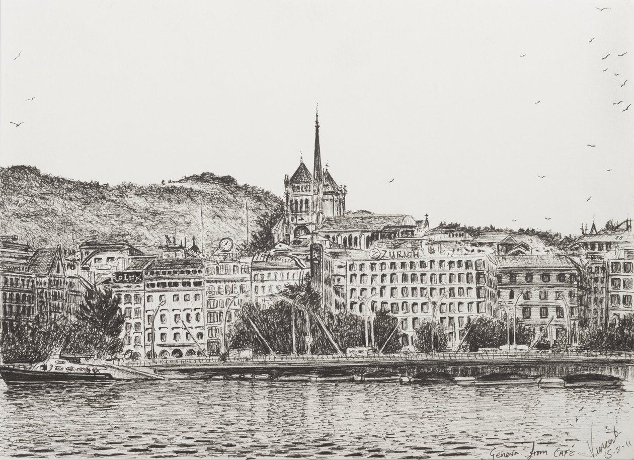 Byen Genève, 2011, (blekk på papir) av Vincent Alexander Booth