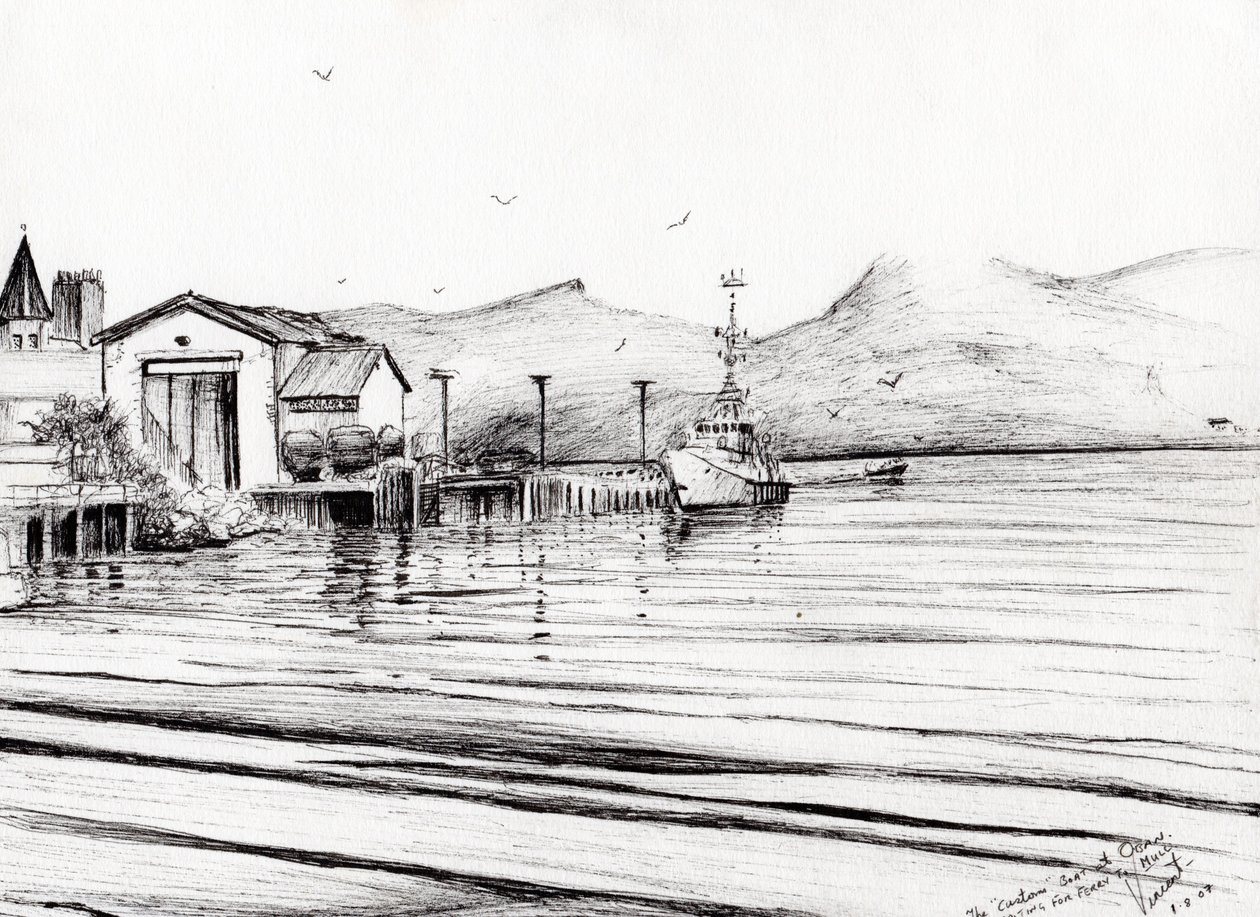 Tollbåt i Oban, 2007, (blekk på papir) av Vincent Alexander Booth