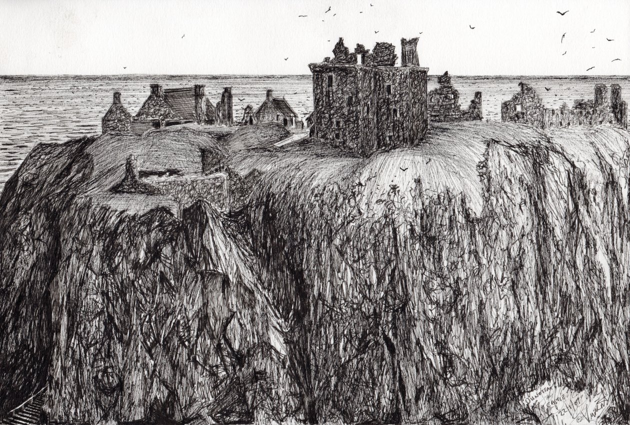 Dunnottar Castle, 2007, (blekk på papir) av Vincent Alexander Booth